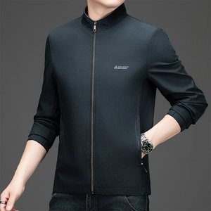 Men's dark green business casual stand collar jacket with textured fabric and zipper