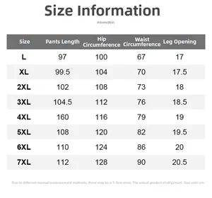 Tableau des tailles détaillé pour pantalons en soie glacée pour hommes avec mesures