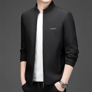 Men's business casual stand-collar jacket in black with checkered texture and zip front