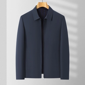 Men's dark blue business casual lapel jacket with silver zipper on wooden hanger