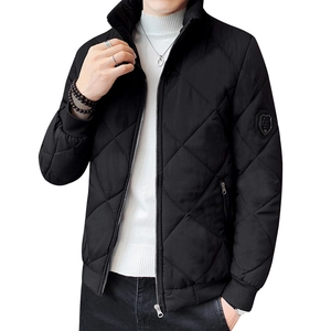 Men's black quilted jacket with stand collar, diamond pattern and ribbed cuffs