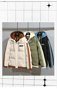 Three men's winter padded parkas in beige, green, and black showing hood and color-block sleeves
