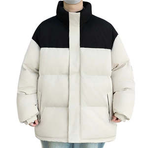 Mens thick winter puffer jacket with high collar and stylish black and white contrast design