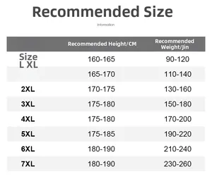 Tableau des tailles pour pantalons homme en soie glacée du L au 7XL avec guide de poids