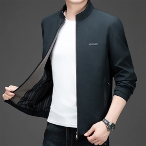 Men's casual stand collar jacket in dark grey textured fabric with a stylish zip-up front