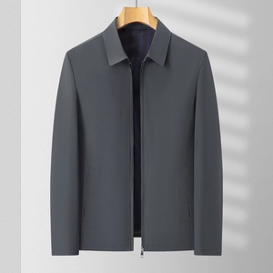 Men's dark grey business casual lapel jacket with striped lining hanging on a hanger