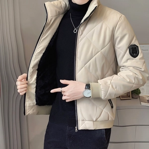 Beige quilted men's puffer jacket with stand collar and diamond pattern detail