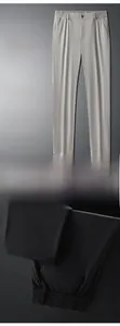 Detailed view of elastic waistband and wrinkle-resistant fabric on business dress trousers
