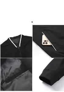 Detail view of ribbed bomber collar with white stripes and inner pocket on black jacket