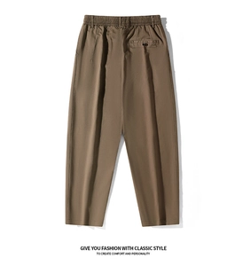 Rear view of men's khaki casual trousers featuring elastic waist and buttoned back pocket