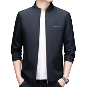 Men's casual navy business jacket with stand collar and textured fabric design