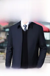 Detail of navy blue business casual jacket featuring classic collar and zipper closure