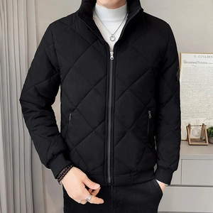 Men's black quilted puffer jacket with stand collar and textured diamond pattern design