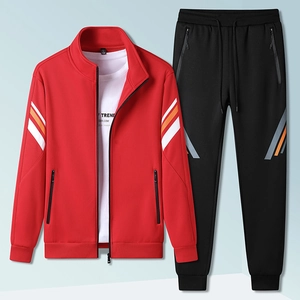 Men Top And Bottom Fleece Lined Tracksuit Color Block Striped Zipper Stand Collar Jacket And Sweatpants Sports Suit