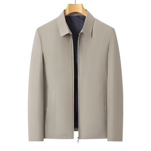 Classic men's business casual lapel jacket in light khaki with sleek metal zipper