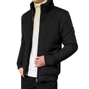Men's black quilted jacket with stand collar and zipper closure for autumn and winter