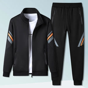 Men's two-piece sports tracksuit set with zipper jacket and jogger pants in black and orange