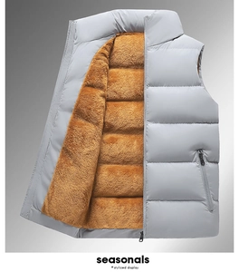 Detail of men's winter vest showing warm brown fleece lining and gray quilted fabric