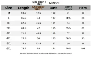 Detailed size chart for men's casual baseball jacket with measurements from M to 6XL