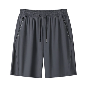 Men's dark grey ice silk sports shorts with elastic drawstring waist and zipper pockets