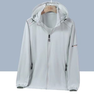 Men's lightweight quick-dry sun protection jacket in light grey with hood and pockets