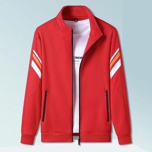Men's casual red stand-up collar sports jacket with athletic side stripes and zipper