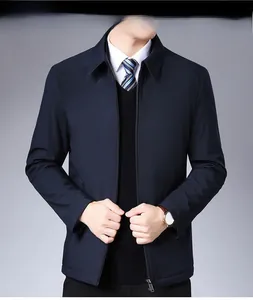 Navy business casual jacket with standing collar, zipper, and layered shirt and tie style