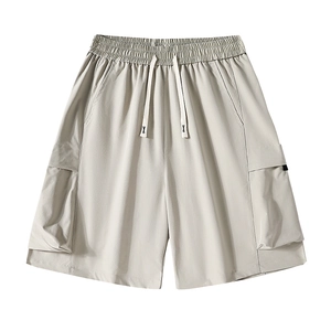 Mens beige cargo shorts with elastic drawstring waist and large tactical side pockets