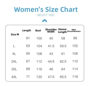 Size chart for women's outdoor sun protection jacket featuring M to 4XL measurements