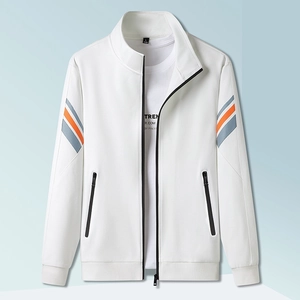Men's white stand-collar jacket with sporty orange and grey stripes on the sleeves