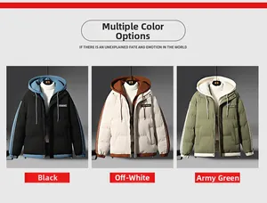 Detailed comparison of color-block hooded padded jackets in blue, beige, and green options