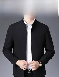 Detail of a black business jacket with a stand-up collar and premium metal zipper closure
