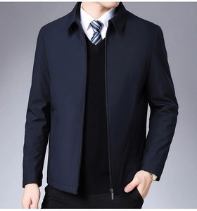 Men's navy business jacket featuring a classic lapel and smooth professional texture