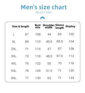Detailed size chart for men's outdoor sun protection jacket ranging from L to 6XL sizes