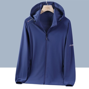 Men's quick-drying sun protection jacket in dark blue with hood and full zipper