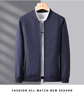 Detail of dark navy blue bomber jacket featuring white stripe accents on side pockets