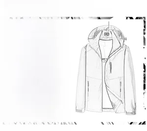 Technical drawing of a 3D cut windproof sports jacket with adjustable velcro cuffs