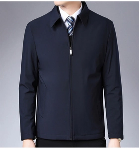 Close-up of deep blue business jacket with zipper closure and classic stand-up collar