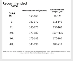 Size chart for winter cotton jacket with height and weight recommendations from M to 4XL