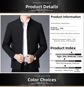 Detailed chart of black business casual stand collar jacket with polyester fabric info