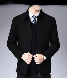 Detailed view of a classic black business casual jacket featuring a formal collar and zipper