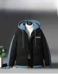 Front view of men's graphene padded jacket in black and blue contrast with drawstring hood