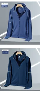 Detail of lightweight UPF 50+ sun protection hoodies with thumb holes in mist and peacock blue