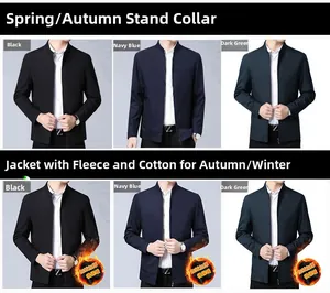 Detail view of men's stand collar business jackets in various colors and fleece options