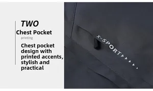 Detail of chest pocket on dark gray outdoor hiking jacket with white X-SPORT logo print