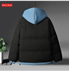 Rear view of black graphene padded jacket showing horizontal quilting and light blue hood