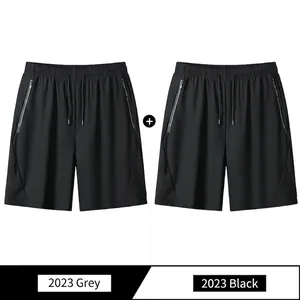 Two-pack men's quick-dry ice silk sports shorts in grey and black with drawstring waist
