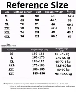 Detailed size chart for men's business jacket with height and weight measurement guide