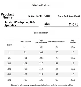 Size chart detail for men business trousers showing nylon spandex fabric blend specs