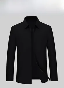 Detail of a black business casual jacket with a stand collar and high-quality zipper closure